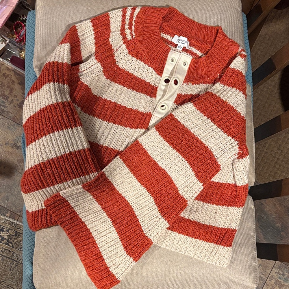 ee:some sweater - Orange and Cream Striped Crewneck Sweater with Flare Sleeves